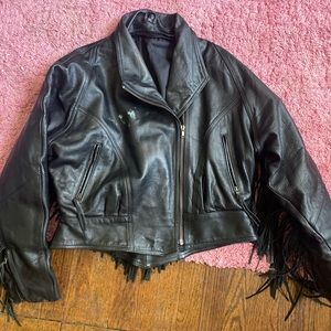 Vintage Black Leather Fringe Biker Jacket XL